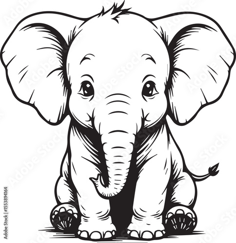 Cuddly Elephant Sketch: A captivating black and white illustration of a charming baby elephant sitting, brimming with innocence.