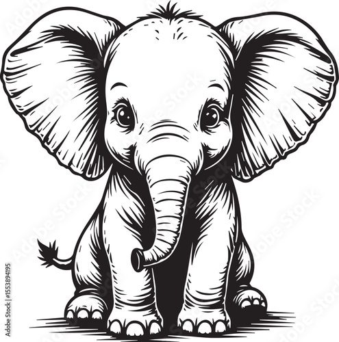 Cuddly Baby Elephant: A heartwarming black and white illustration of a sweet baby elephant, its large ears and expressive eyes capturing innocence and charm.