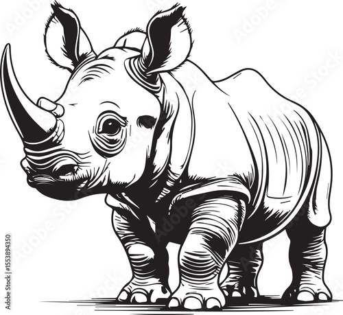 Resilient Rhinoceros Illustration: a powerful, detailed illustration of a rhinoceros, showcasing the animal's robust form and imposing horn.