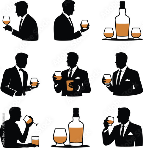 Silhouettes of men in suits holding glasses of amber liquid and whiskey bottle vector