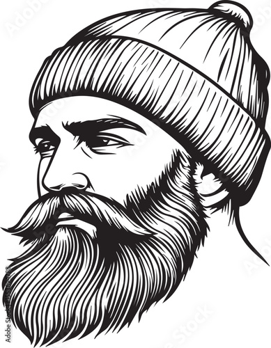 Lumberjack's Contemplation: A monochrome drawing of a lumberjack, deep in thought with a knit hat and long, meticulously groomed beard.