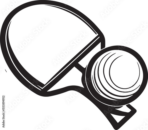 Ping Pong Set Illustration: A dynamic monochrome illustration of a ping pong set, comprising a paddle and a ball, poised for action, showcasing the equipment's simplicity and functionality.
