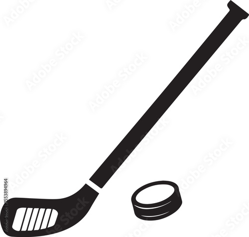 Hockey stick and Puck Silhouette: A stark silhouette of a hockey stick and puck. The contrast in black and white emphasizes the graphic nature of this design, perfect for sports and game concepts.