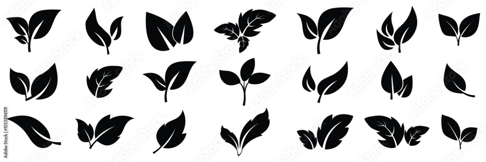 Fototapeta premium Green leaf icons set. Leaves icon set. Collection green leaf. Elements design for natural, eco, vegan, bio labels. Flat Green Leaf Icon Set, Eco, Bio, Vegan Symbols for Nature and Organic Design. 