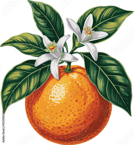 Watercolor Orange Vector Illustration . Fresh Citrus Fruit Art with Hand-Painted Style
