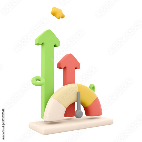 A colorful 3D illustration depicting growth metrics with upward arrows and a gauge, symbolizing progress and performance.