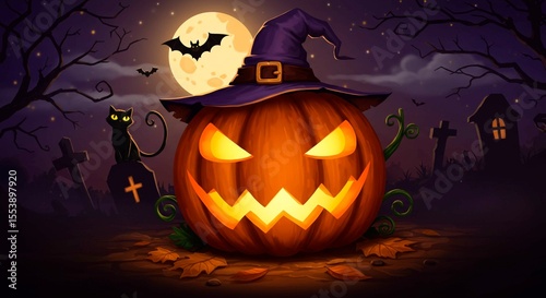 A halloween scene with a pumpkin wearing a witch hat in a graveyard night