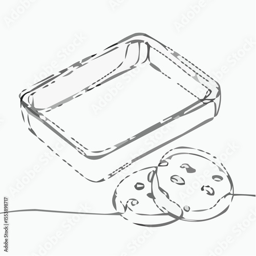 Cookie and empty rectangular dish illustration in minimalistic style, Tea table decoration  