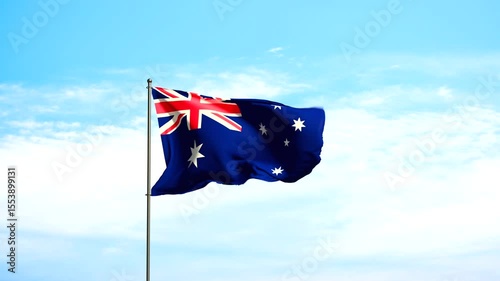 Flag Australia against cloudy sky. Austrian flag waving in the wind, national symbol. Country, nation, union, flag, government, Australian culture, politics.