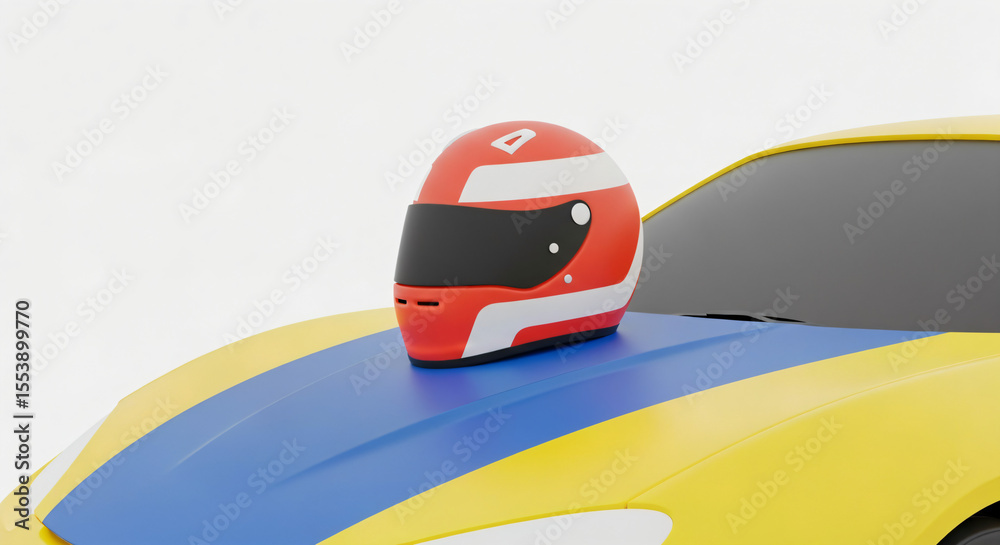 Fototapeta premium Animated rendering of a red racing helmet with a visor and white stripes sitting on the hood of a yellow and blue car.