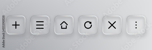 Set of black UI icons on square liquid glass buttons. User interface elements vector design for web and mobile apps menu.