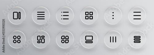 Liquid glass vector effect on round buttons with abstract universal interface icons. Modern glassmorphism style for web and app design element.