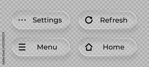 Liquid glass UI buttons feature settings and menu with home and refresh icons for digital interface design.