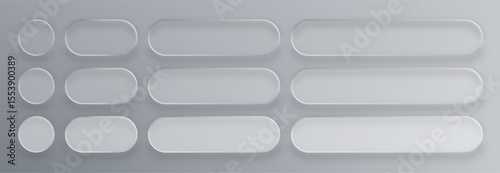 Glass button set with clear rounded rectangle and circle elements. Translucent ui web design component for modern interface.