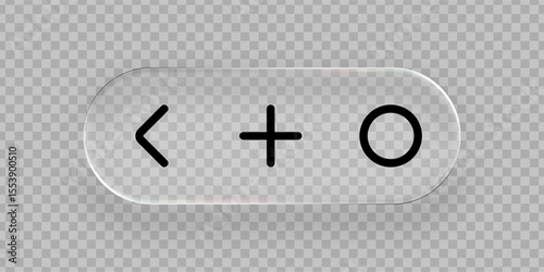 Glossy liquid glass button with back, plus, and circle symbols. UI element for transparent user interface design.