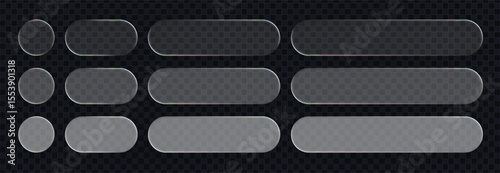 Set of liquid glass vector elements. Liquid glass concept vector. Plastic frame mock up and glass plate for button and banners.