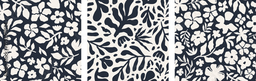 Seamless pattern set with hand-drawn navy floral and botanical silhouettes on a light cream background. Modern, organic style perfect for fabric, wrapping paper, stationery, surface design projects.