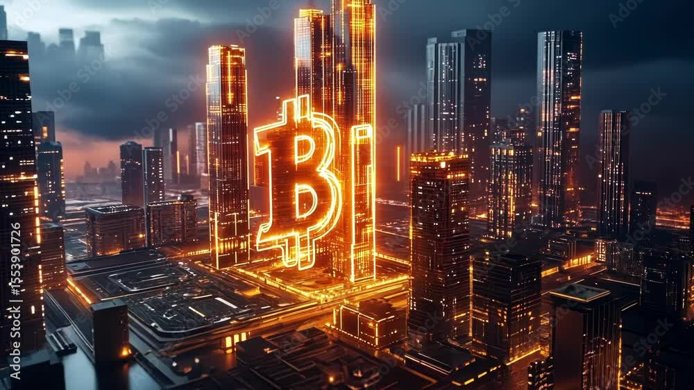 A holographic cityscape rises from the ground with skyscrapers made of digital currency representing the convergence of technology and finance in a decentralized world.