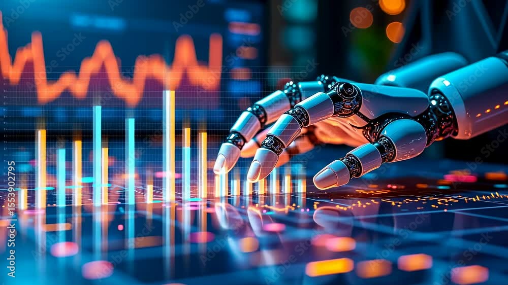 Robot analyzing data, market trends, financial forecasts. Data prediction. Automation boosts stock analysis. AI predicts economic shifts. Algorithms streamline market insights.