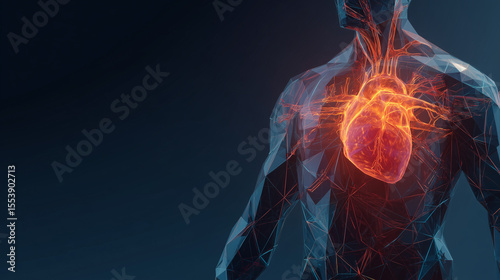 Abstract digital human body with glowing red heart and geometric wireframe structure