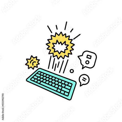 Keyboard with explosion effects representing gamer slang and chat speak  