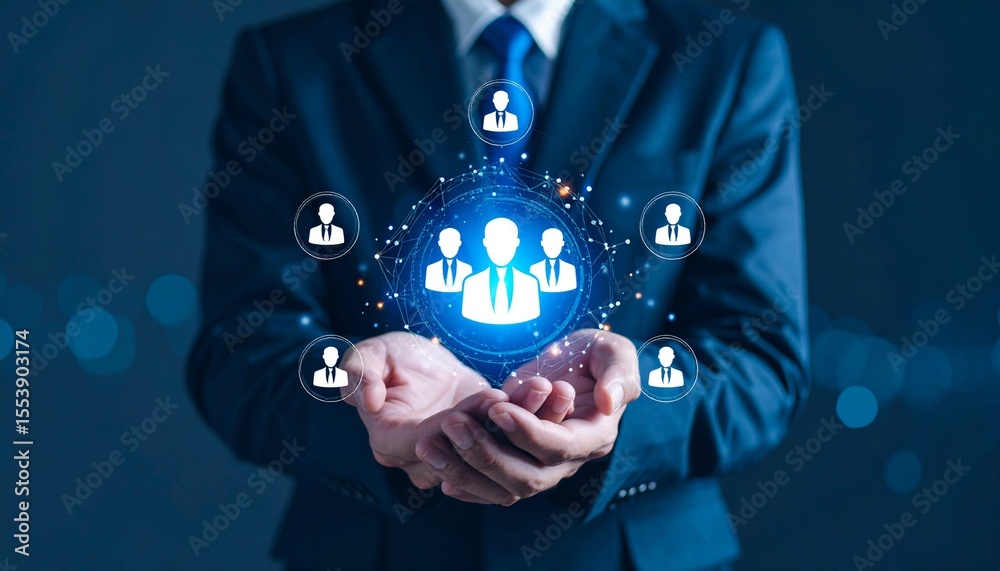 © Lean Lechado - Ejecutivo de negocios en traje oscuro sosteniendo un holograma digital de gestión de personal. Ilustración conceptual sobre liderazgo, recursos humanos, organización empresarial y tecnología en la adm © Lean Lechado - Ejecutivo de negocios en traje oscuro sosteniendo un holograma digital de gestión de personal. Ilustración conceptual sobre liderazgo, recursos humanos, organización empresarial y tecnología en la adm