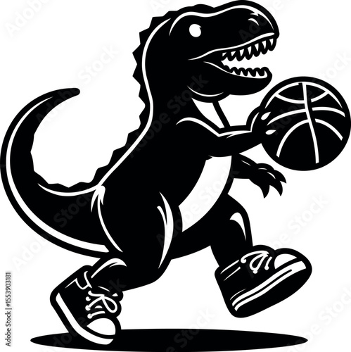 Dinosaur dribbles basketball with unstoppable energy