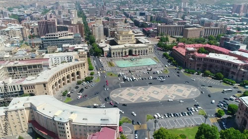 A drone shot of Republic Square in Yerevan, Armenia, showcasing historic buildings and cityscape