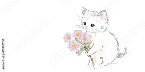 Cute kitten holding a bouquet of flowers.