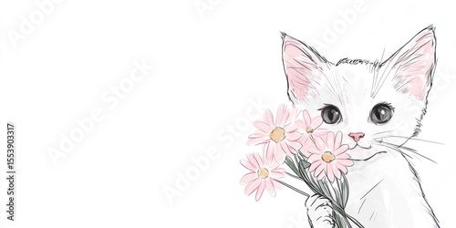 Delicate sketch of a kitten with flowers.