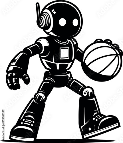 High tech robot playing intense basketball match