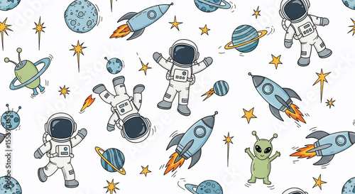 Playful seamless outer space pattern featuring cheerful cartoon astronauts, flying rockets, colorful planets, twinkling stars, and friendly aliens. Perfect for children's designs, textiles, and