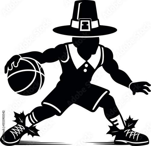 Athlete dribbles basketball wearing pilgrim hat
