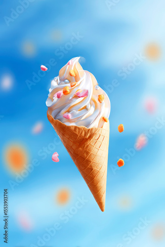 Delicious Swirl Ice Cream Cone with Colorful Toppings and Blue Sky