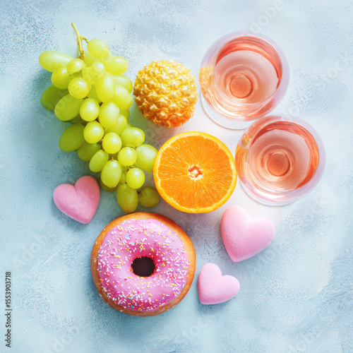 Fresh Fruits, Sweet Treats, and Refreshing Drinks on a Table
