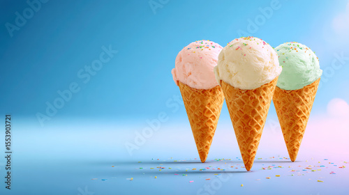 Colorful Ice Cream Cones on a Bright Blue Background