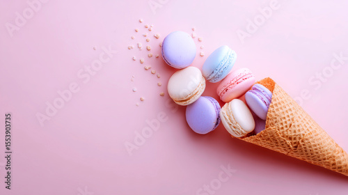Colorful Macarons in a Cone on a Soft Pink Background