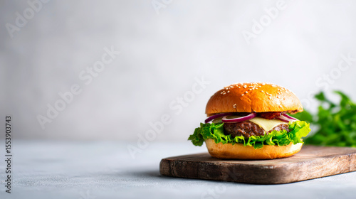 Freshly Made Hamburger on Wooden Board with Lettuce and Onion