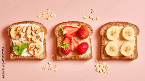 Delicious Breakfast Toast with Fruits and Nuts on Vibrant Background