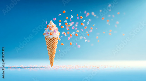 Colorful Ice Cream Cone with Sprinkles on Blue Background