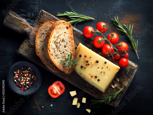 Delicious cheese with bread, fresh tomatoes, and herbs on wooden board