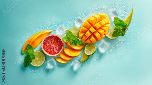 Vibrant Tropical Fruit Arrangement with Mint and Ice on Blue Surface