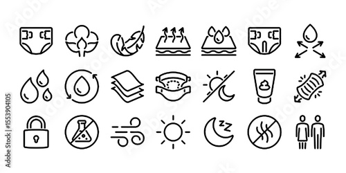 Diaper features editable stroke outline icons set isolated on white background flat vector illustration.