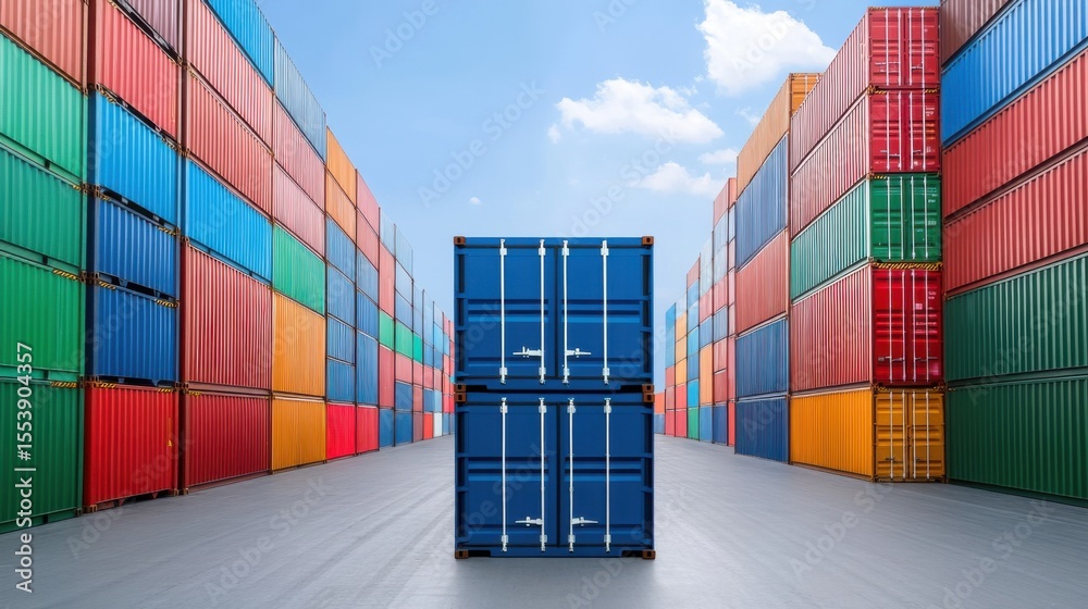 Fototapeta premium Colorful shipping containers stacked in a modern cargo yard with clear sky