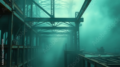 Steel Structure in Fog: A mesmerizing view of a steel framework enveloped in a thick, ethereal fog, creating a mysterious and atmospheric scene.