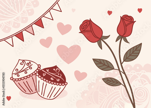 Minimal romantic background with roses, hearts, cupcakes, and bunting. perfect for Valentine’s Day social media, cards, or posters.	