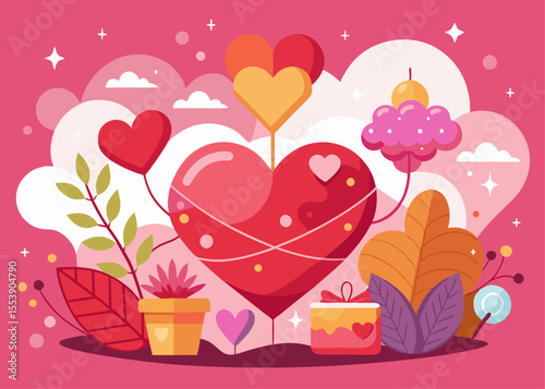Modern flat background with big heart, love icons, and gift boxes in bright colors, suitable for Valentine promotions and greeting cards.	