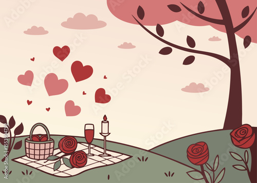 Vintage-style illustration of a romantic picnic under a heart tree, ideal for Valentine’s Day, wedding, or couple’s celebration themes.	