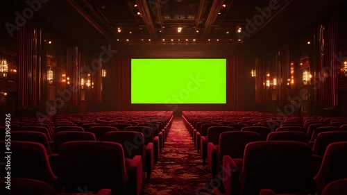 Elegant art deco movie theater with empty red velvet seats facing a large green screen. Perfect for compositing and chroma key projects in a classic cinema hall.

