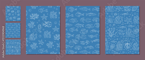 Seamless underwater marine pattern set. Outline design with aquatic fish, coral, and sea shapes. Ocean background, marine life silhouettes. Perfect for aquatic themes and ocean layouts.